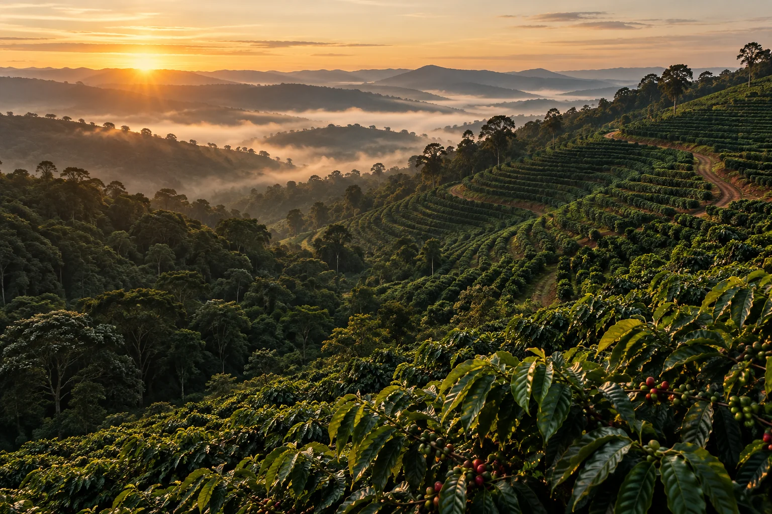 Caféiers sur les collines brésiliennes dans la lumière du matin
